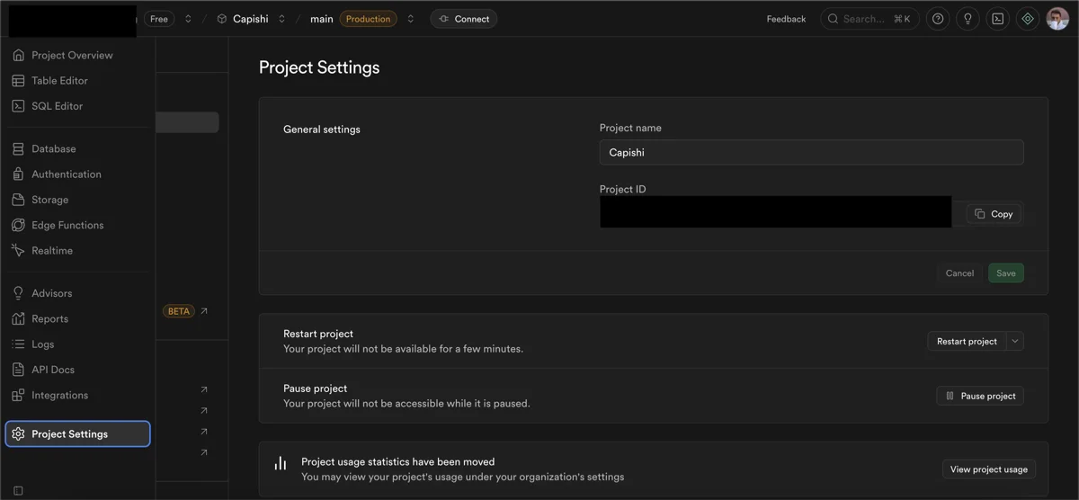 Step 1: Open Supabase Project Settings